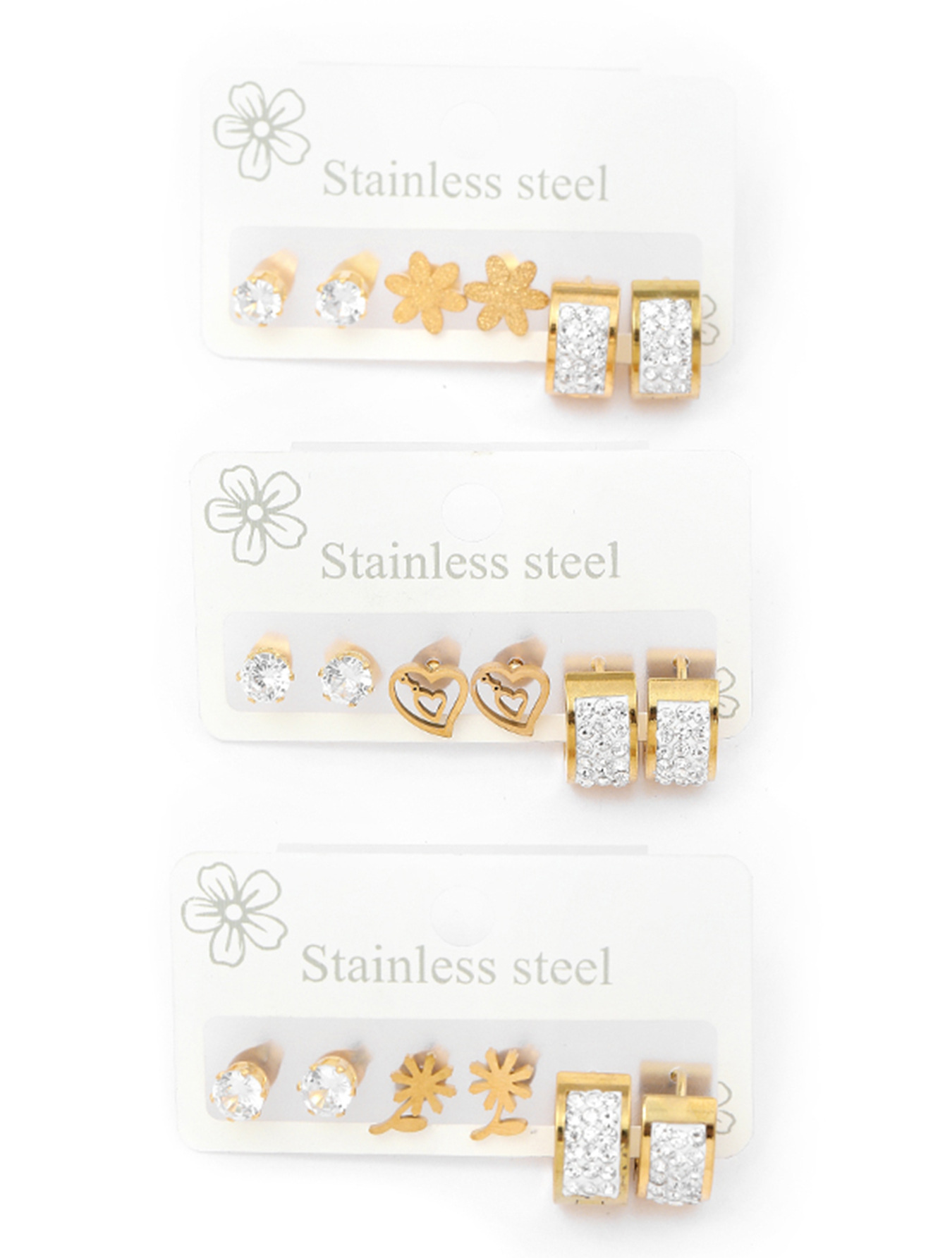 Stud Earrings Set Gold Stainless Steel Floral Diamond Inlaid_voghion.com