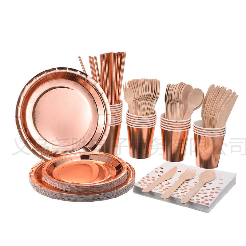 in stock Amazon 9 Inch 7 Inch Paper Tray Solid Color Full Rose Gold Paper Cup Paper Towel suit Party Disposable Tableware