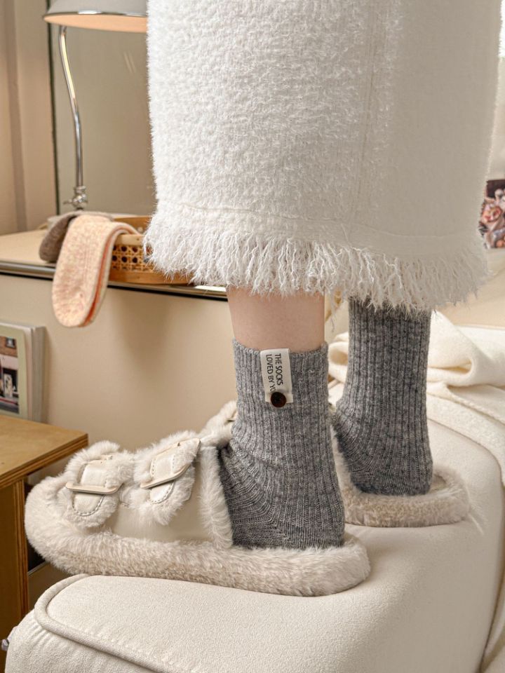 5shuang Button Wool Stockings Children's Medium Tube Socks Solid Color Thickened Warm Versatile Japanese Stacking Socks_voghion.com