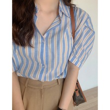韩国女装东大门春装新款ins 洋气气质复古风短袖条纹衬衫