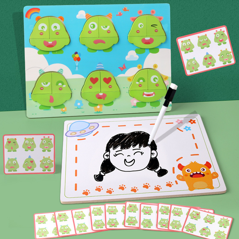 Monstruos de bloques de construcción para niños pequeños, expresiones de puzzle, puzzle, tablero de dibujo, pensamiento 2 en 1, juguetes de puzzle intelectuales