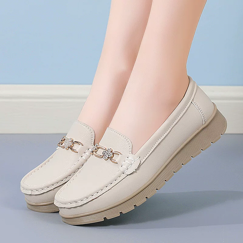 Износостойкие mother's loafers из натуральной кожи с мягкой подошвой - серый/молочный/черный/априкосовый