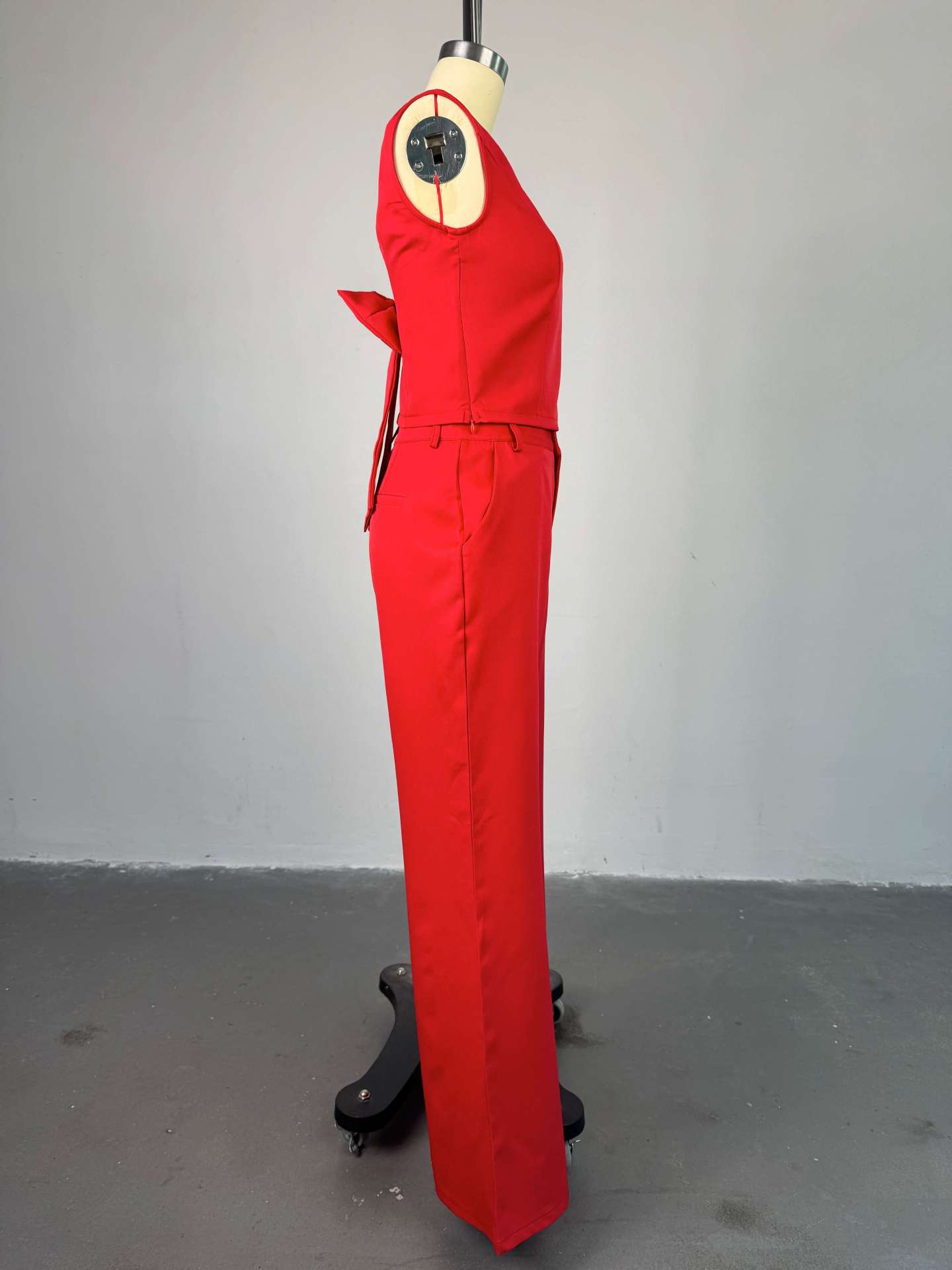 Women Clothing Spring Solid Color Backless Bow Top Wide Leg Trousers Casual Suit