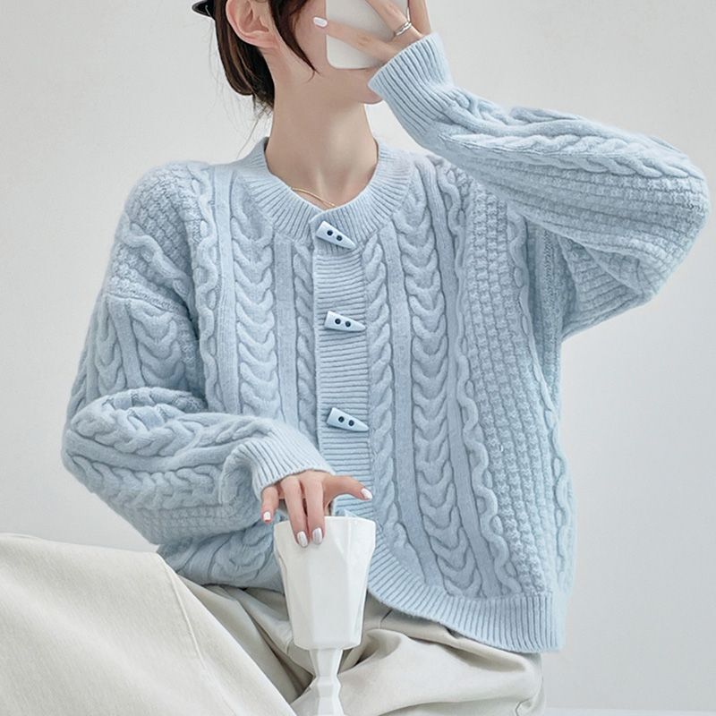 Milk Blue Horn Button Knitted Sweater Cardigan Autumn and Winter Outwear Women's Warm Short Round Neck Loose Top for Small People
