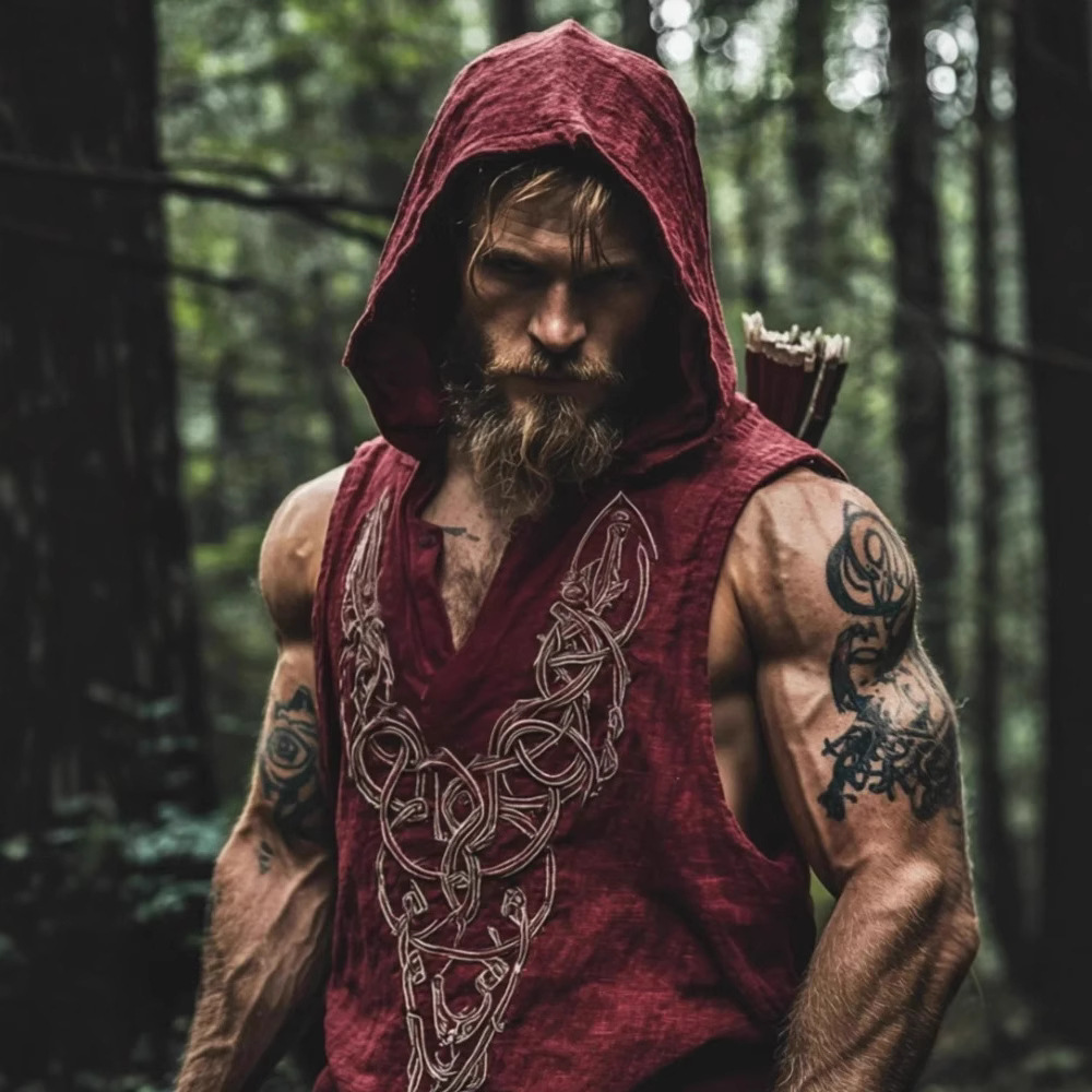 Summer Men's Linen Short-Sleeved Loose Casual Round Neck T-Shirt 3D Ethnic Style Digital Printing Hooded Vest Short-Sleeved