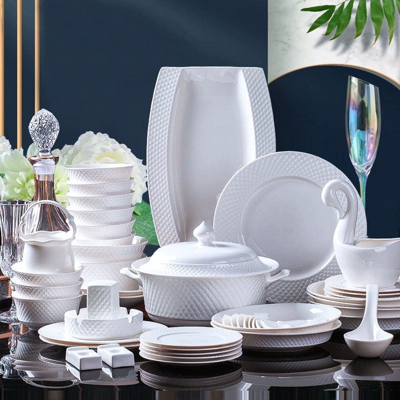 Костяная фарфоровая посуда на 38 предметов, 60 предметов Jingdezhen, керамическая посуда, чистая белая глазурь под цвет костяного фарфора, тарелки для дома