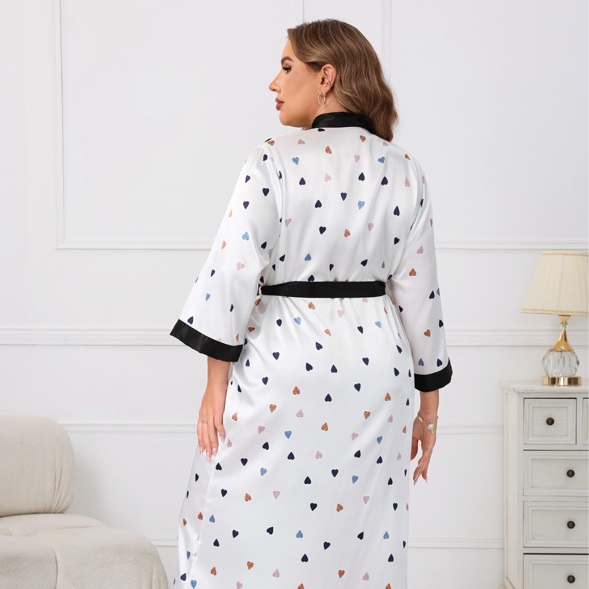 GraceChic Cross-Border Plus Size Damen-Nachthemd, weiß mit Herzmuster, Satin, lässig, bequem, leicht, lockere Passform_voghion.com