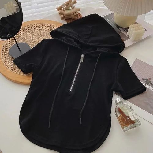 Summer Hooded Zip Short Sleeve T-Shirt for Women 2024 New Korean Style Fitted Short Length Hot Girl Pure Desire White Top Instagram