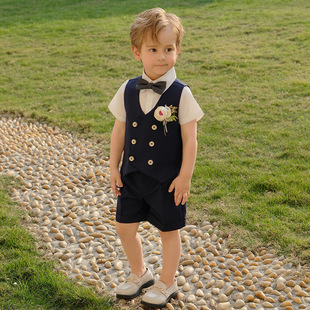 Children's Suit Boys Spring and Summer Short-sleeved Vest Suit Flower Children's Wedding Dress Birthday Children's Suit