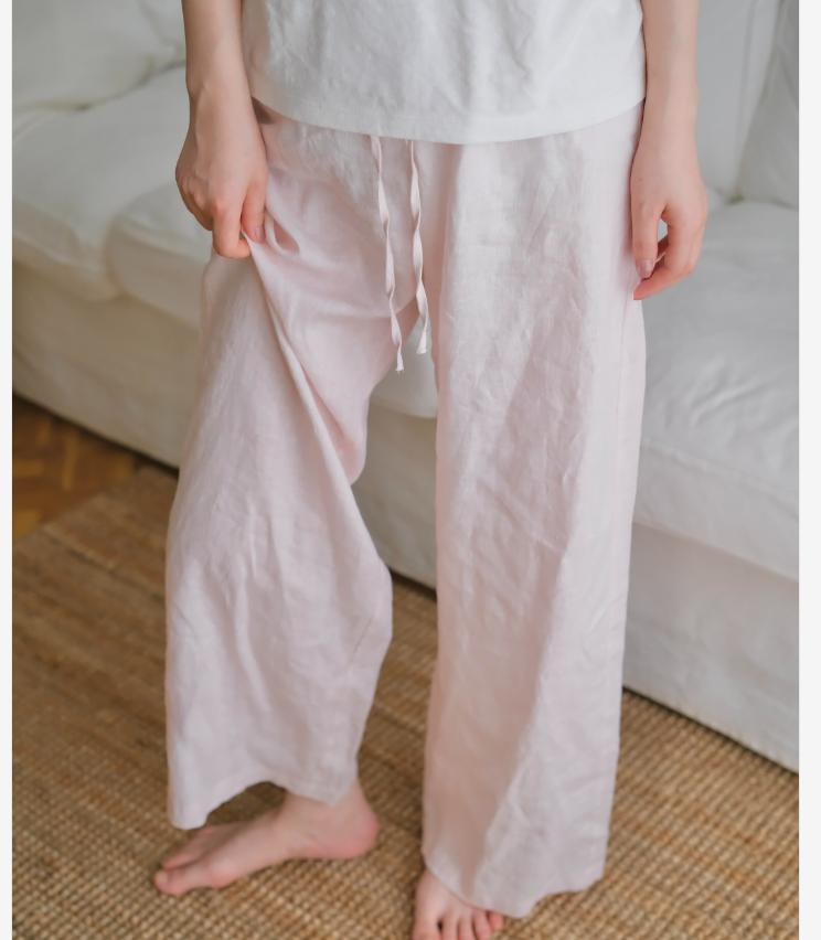 Quần ống rộng vải lanh phối sợi cotton dáng suông rủ nhẹ phong cách lão tiền — màu hồng, Xanh da trờicolor chi tiết 3