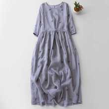 2024原创设计苎麻宽松大码飘逸大摆文艺刺绣棉麻连衣裙