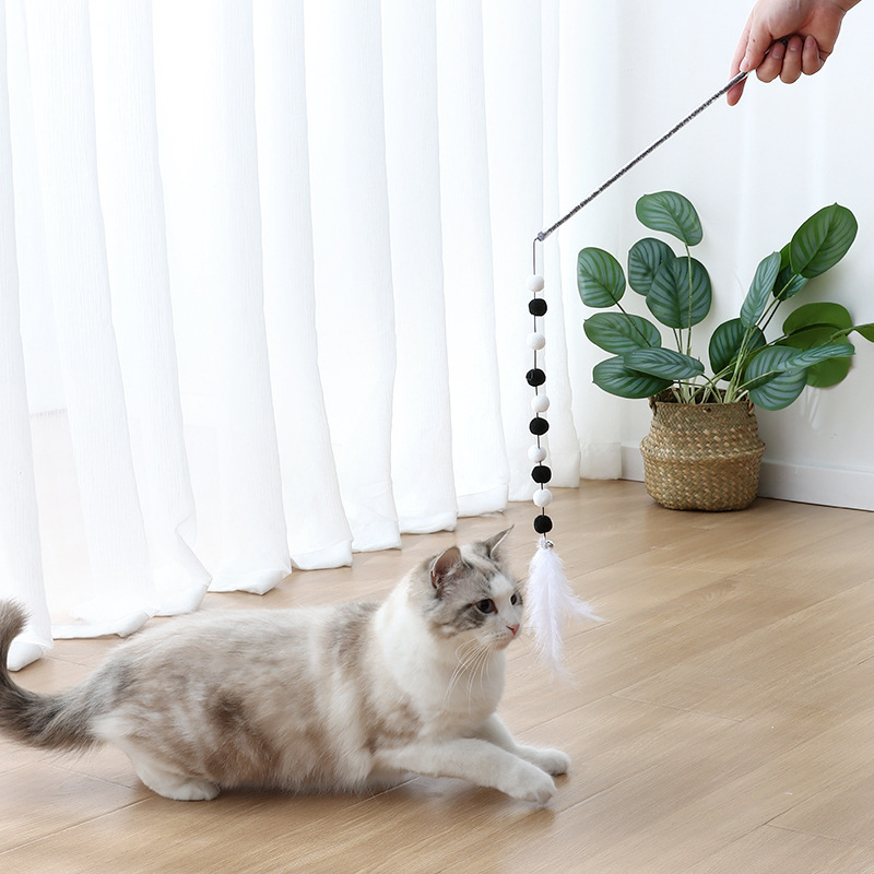 Pluma divertido gato palo color a juego pompom auto-Hi gato de juguete acrílico divertido gato varilla mascota gato de juguete suministros al por mayor