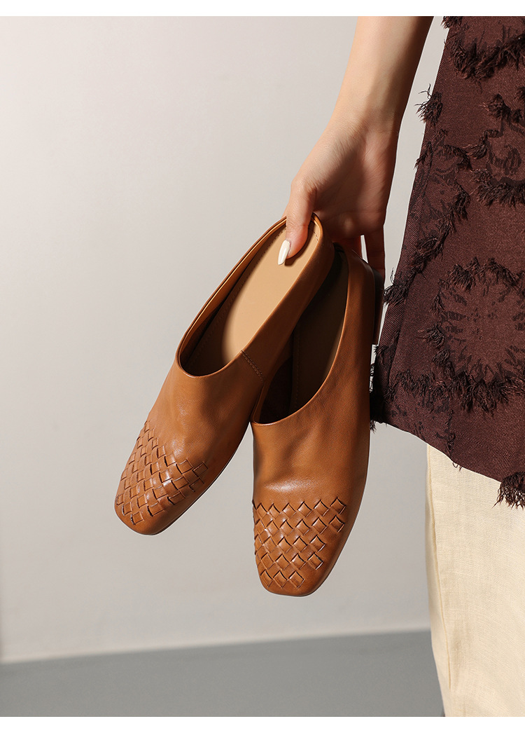 Dép mule nữ da bò mũi nhọn đế bệt kiểu dệt vintage — đen chi tiết 14
