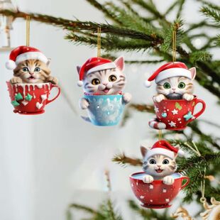 Creative Cross-border New Cat 2D Acrylic Pendant Decoration Tea Cup Cat Christmas Pendant Decoration Cartoon