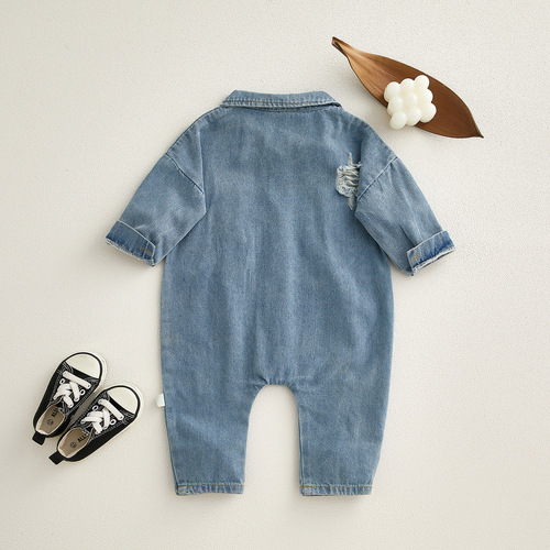 Baby and Toddler Spring Fashion Trendy Denim One-Piece Outfit for Boys and Girls, Long-Sleeve Frayed Hoodie Climbing Suit for Outdoor Wear