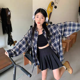 格子衬衫女春夏季薄宽松慵懒风复古秋装长袖衬衣开衫外套上衣批发