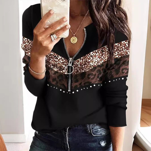 2024 New Autumn/Winter Amazon Independent Store 0wish Geometric Abstract Print Long-Sleeve Zip-Up Hoodie