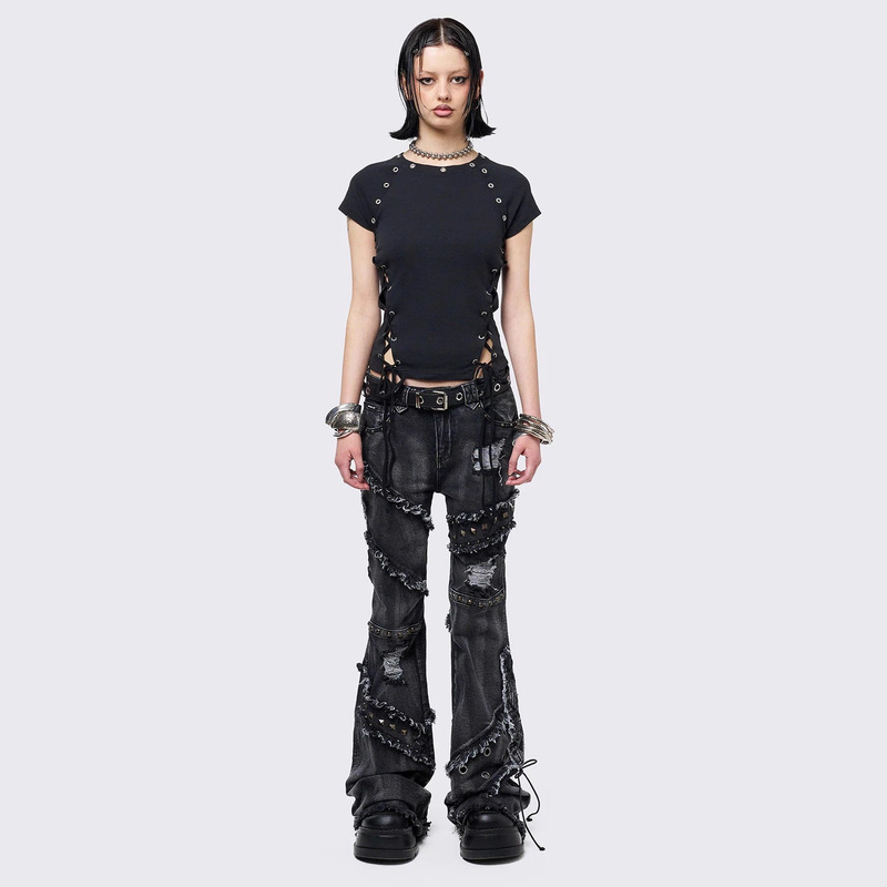 2025 Summer Women's Side Slit Tie-Up Metallic Exclusive Solid Color T-Shirt Punk European and American Cross-Border Clothing 2025 Summer Women's Side Slit Tie-Up Metallic Exclusive Solid Color T-Shirt Punk European and American Cross-Border Clothing