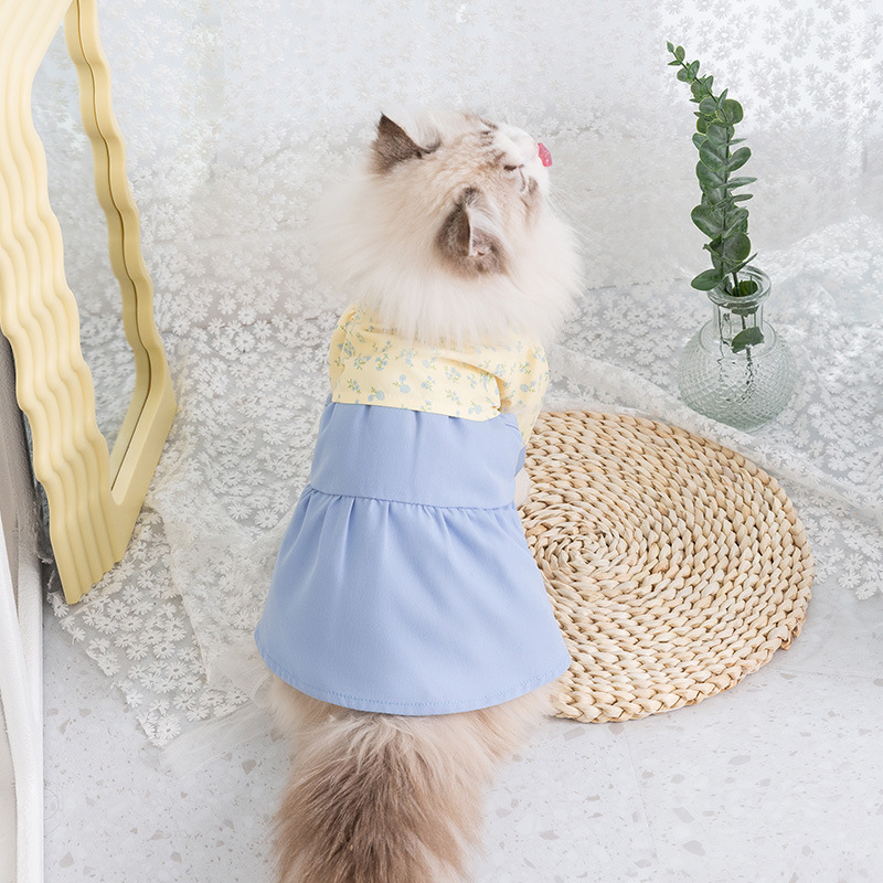 Primavera y verano nuevo títere de dos piezas Gato Azul gatito Correa delgada falda perro mediano y pequeño perro ropa para mascotas
