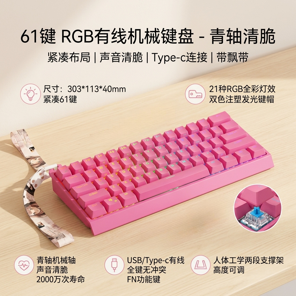 飘带电竞机械键盘键线分离透光键帽RGB彩光电脑键盘61键游戏键盘