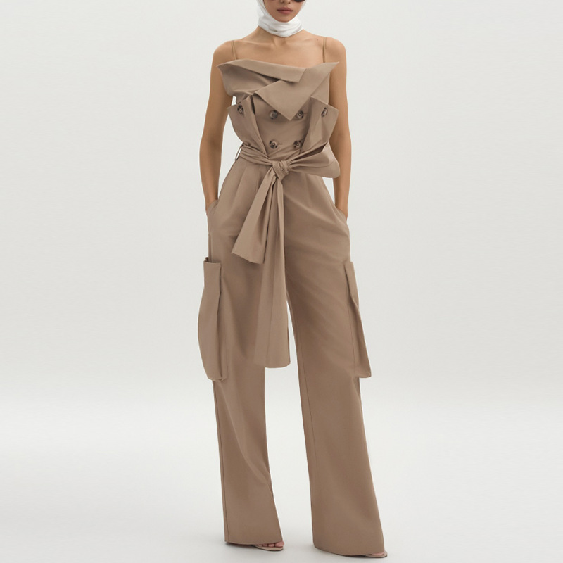 French-Style Elegant and Sexy Strapless Khaki Jumpsuit Women's Clothing 2026 Spring New Waist-Cinching Wide-Leg Pants for Women