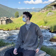 设计感破坏毛边假两件灰色针织衫男款秋冬美式慵懒风休闲毛衣外套