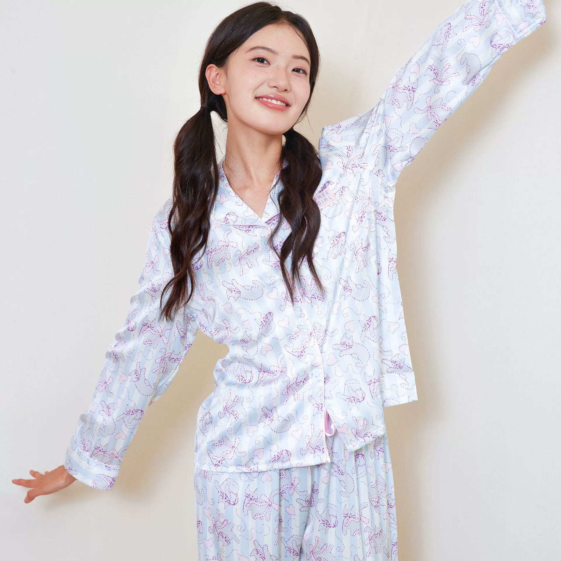 Осенняя пижама женская милая кошка новый ледяной шелк с длинными рукавами