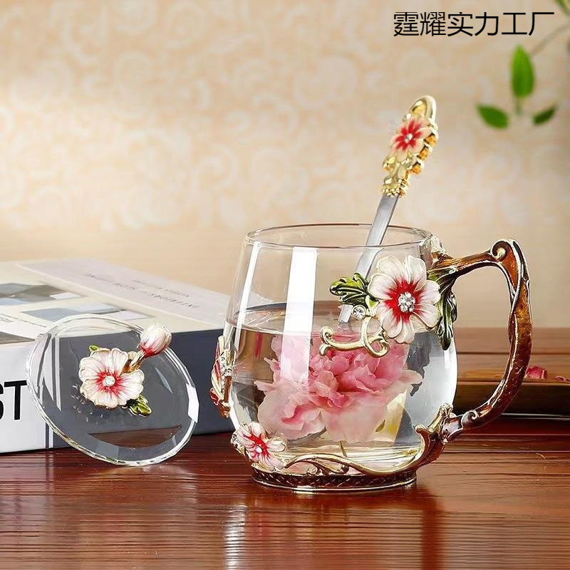 花茶杯礼咖啡杯早餐牛奶批发会销珐琅彩女圆形家用玻璃水杯果汁杯|undefined