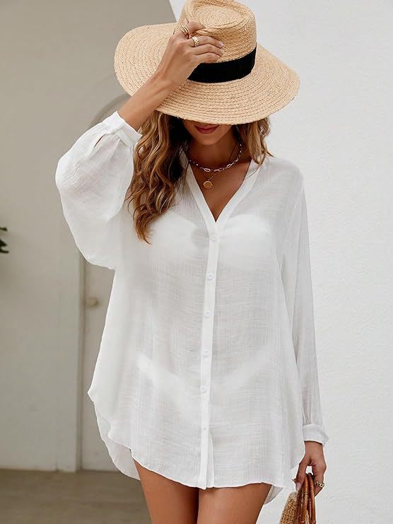 Camicia da donna estiva in Tencel, bambù e cotone, tinta unita, copricostume da spiaggia/bikini_voghion.com