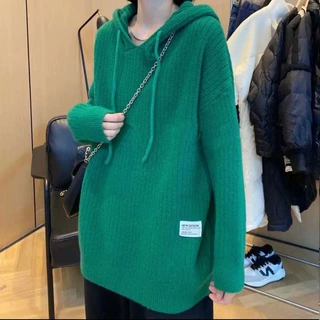 欧洲站秋冬连帽贴标中长款毛衣女小众复古慵懒宽松显瘦针织衫上衣