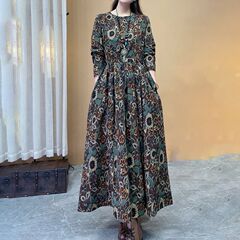 棉麻连衣裙文艺复古印花圆领长裙春秋新款碎花休闲百搭气质A字裙