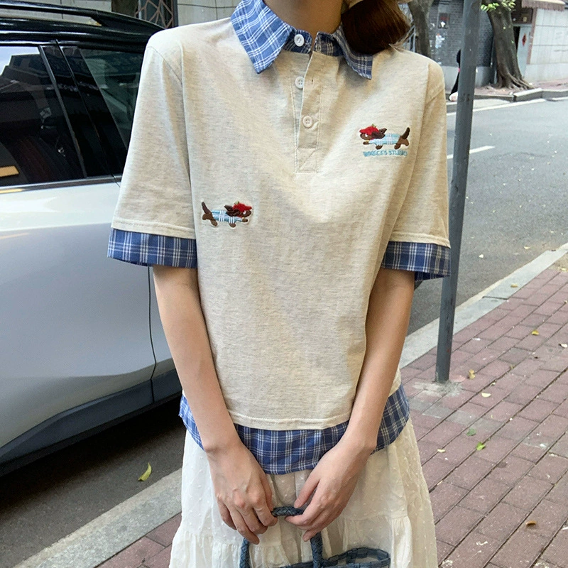 Реальная стрельба 220 г хлопчатобумажная футболка с короткими рукавами летом 2025 новый поддельный два мультяшного вышивки с лацканом топ корейская женская одежда
