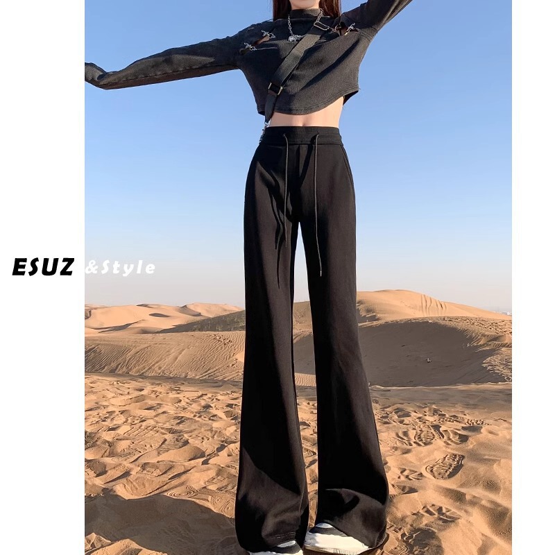 Black Micro Horn Casual Sweat Pants Women's Spring 2025 High Waist Slimming Sports Hanging Horseshoe Pants Spring