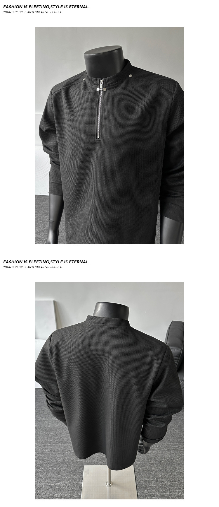 T-shirt a maniche lunghe uomo in maglia waffle con zip e patchwork_voghion.com
