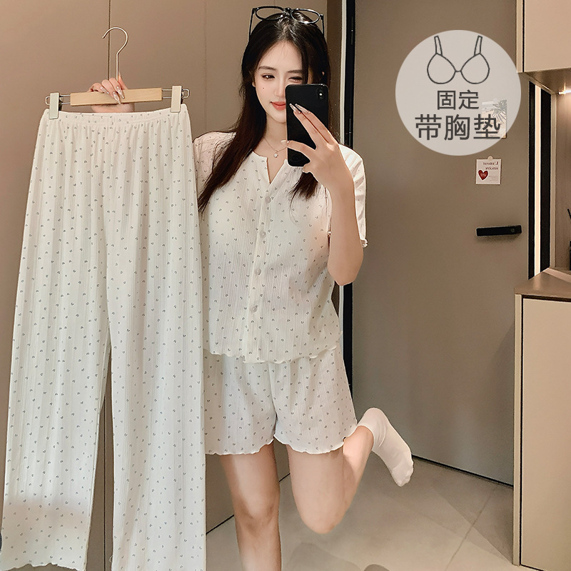 Knitted Cotton Pajamas for Women with Breast Pads Three-Piece Summer Short-Sleeved Trousers Sweet Spring and Summer Home Clothes Wholesale from Russia Knitted Cotton Pajamas for Women with Breast Pads Three-Piece Summer Short-Sleeved Trousers Sweet Spring and Summer Home Clothes Wholesale from Russia