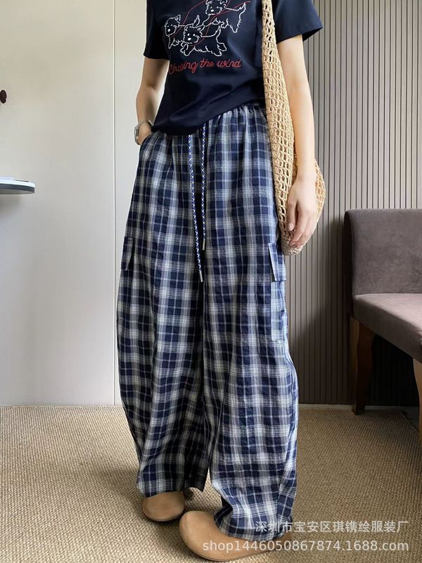 琪镌绘制时尚格子休闲长裤女装早秋新款宽松女高腰显瘦阔腿工装裤|undefined
