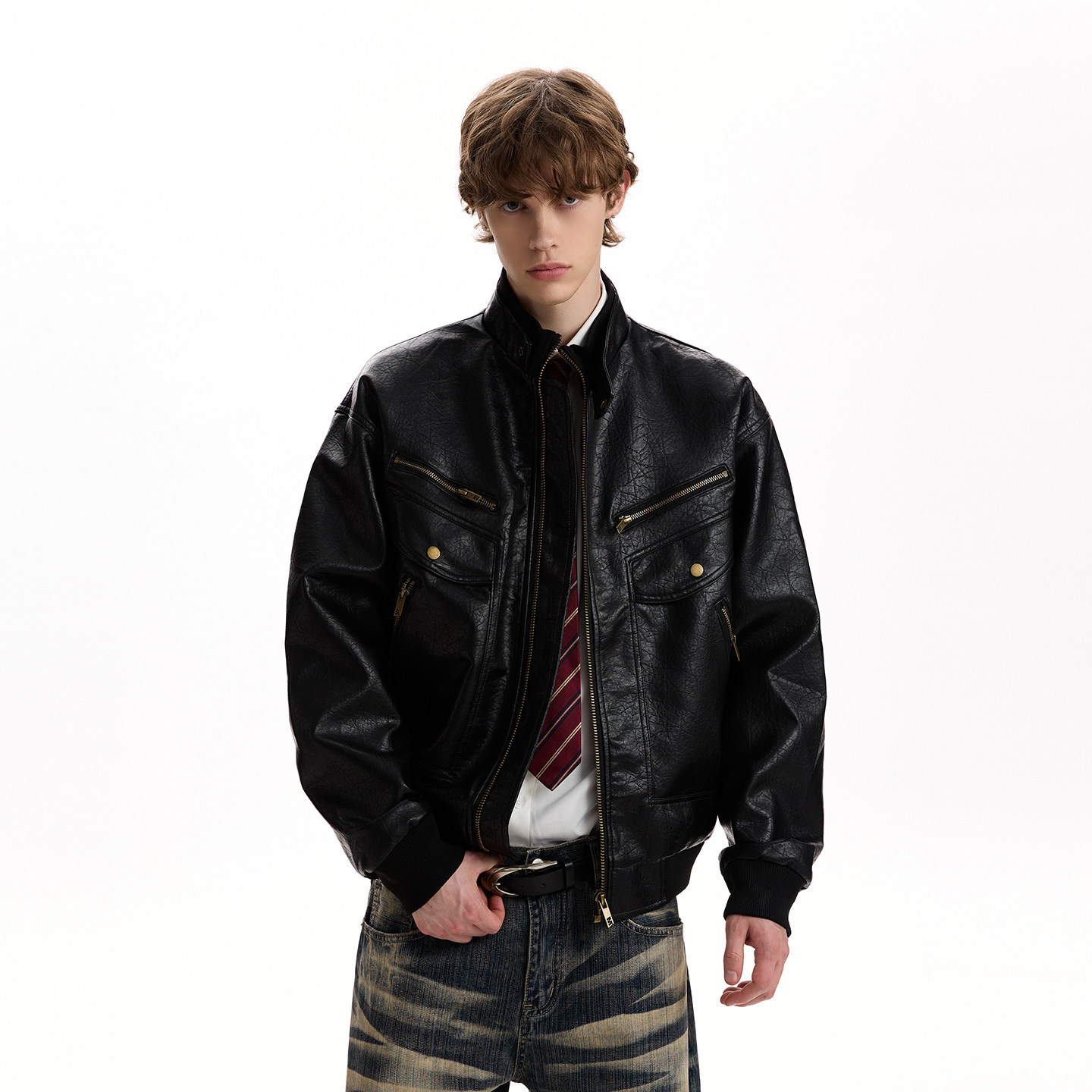 American Retro Texture Design Pu Leather Jacket, New Spring and Autumn Style, Boxy Multi-Pocket Silhouette Biker Jacket