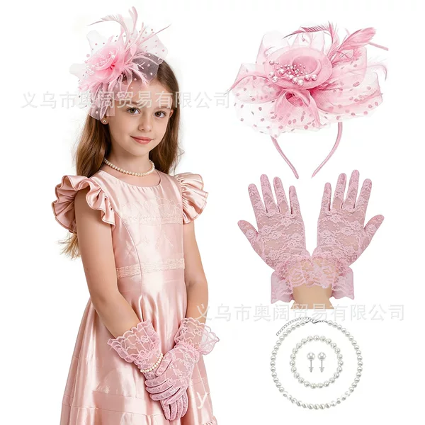 Cross-border bestseller children's princess lace gloves, mesh feather headpiece, horse racing festival hat, party headpiece set