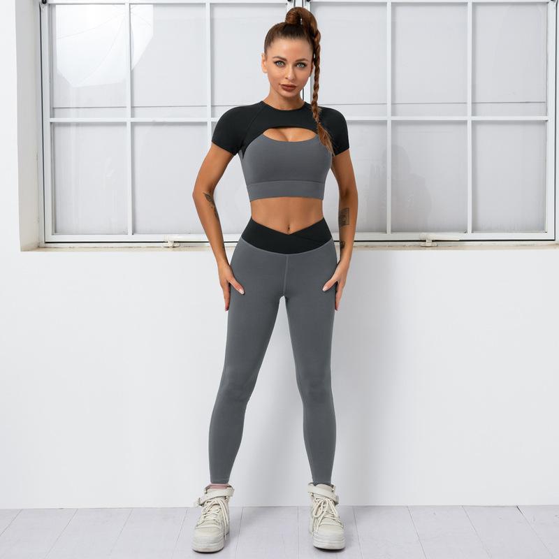 hip-lifting high-elastic short sleeve hollow tight high waist solid color top and trouser set NSNS131745