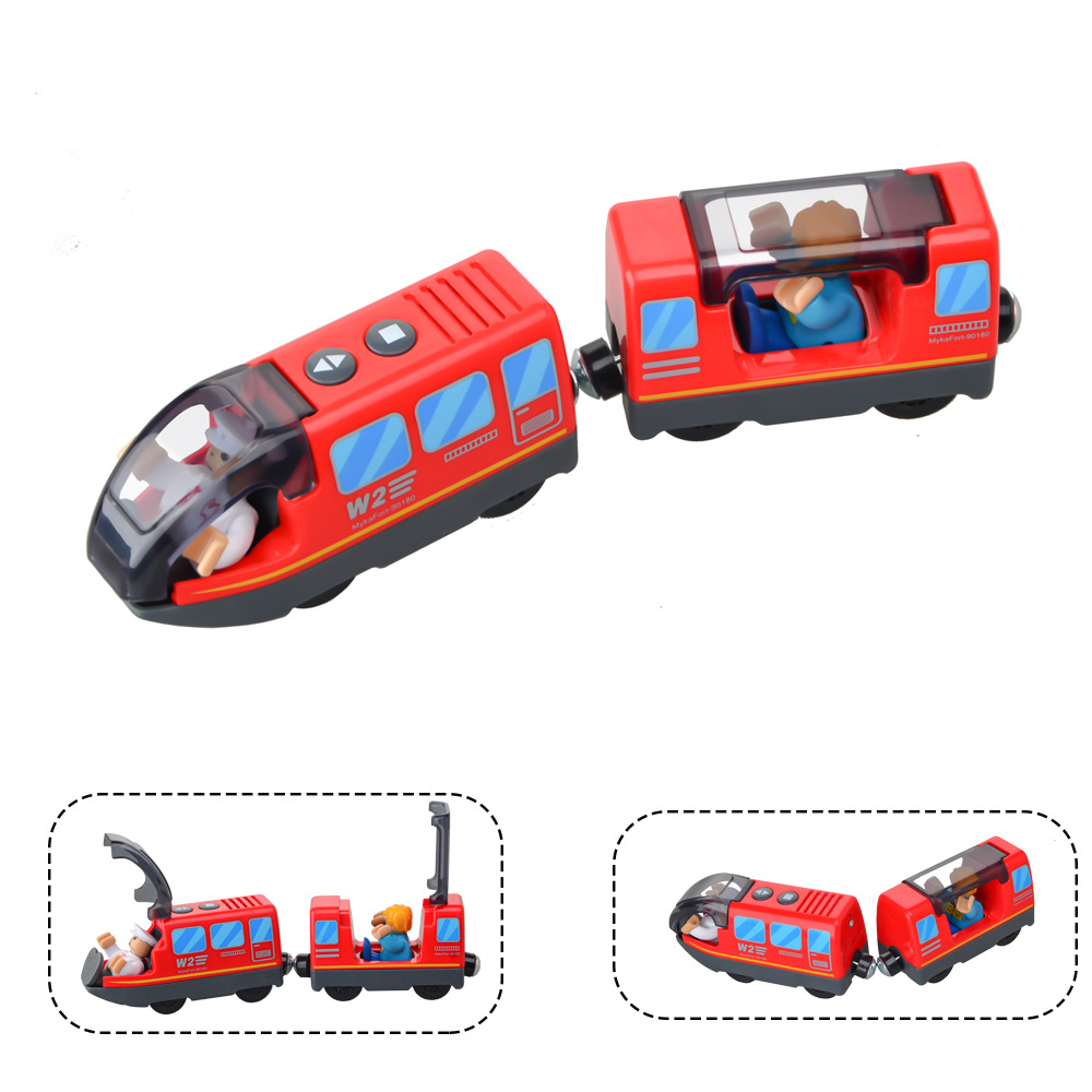 Pequeña locomotora eléctrica bloques de construcción pista remolque cabeza compatible con pista de madera locomotora eléctrica cabeza