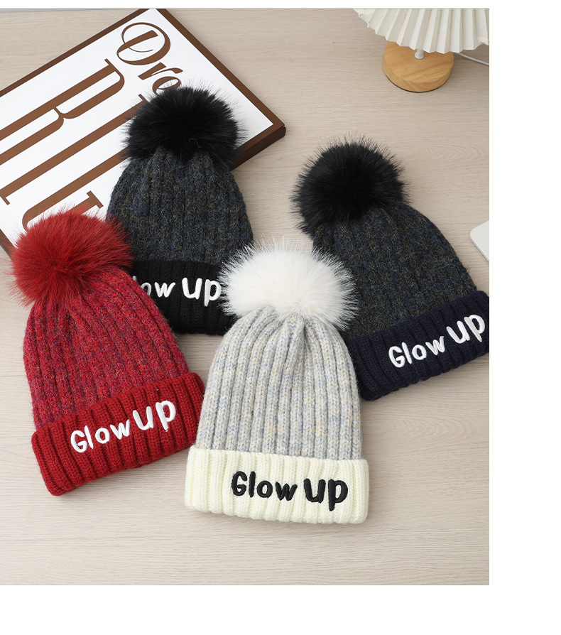 Gorro de lana de punto con bordado de letras inglesas, versátil, bonito y cálido, ideal para otoño e invierno. Con pompón. Estilo coreano._voghion.com