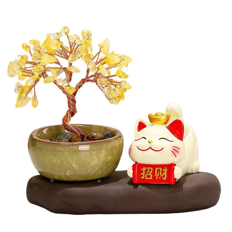 新款招财猫天然水晶原石黄水晶发财紫水晶摇钱树入户玄关好运摆件|undefined