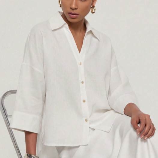 Cross-Border Women's Clothing Wholesale 2026 Spring New European and American Style Linen Blend Wide-Sleeve Shirt Top 3601720