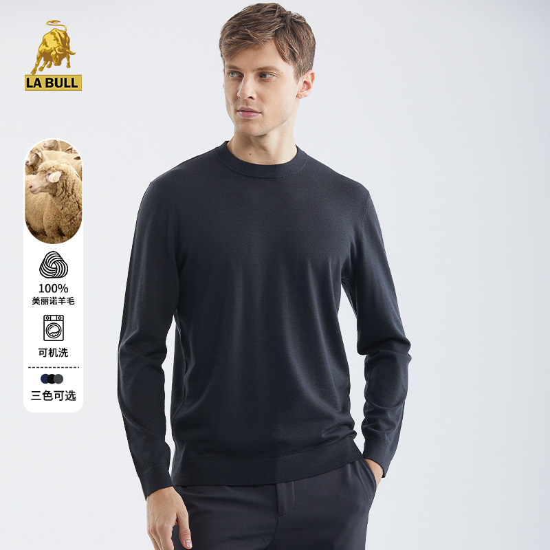100% Merino Wool Sweater for Men, Round Neck, Long Sleeves, Men's Clothing Hm161, Wool T-Shirt, Business Style, Machine Washable, Fine Wool Sweater for Men