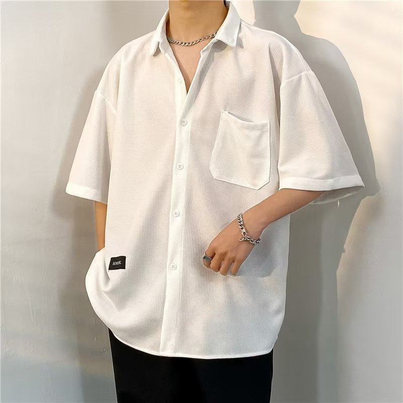 2026 Summer Student Short-Sleeve Shirt for Men, Loose Fit, Plus Size, Solid Color, Thin Half-Sleeve Top, Stylish Shirt