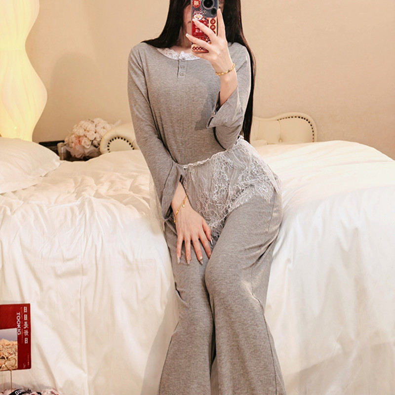 Cross-Border Export New Pajamas for Women, Fairy Style, Slightly Flared Lace Edge, Spring and Autumn Modal with Breast Pad Suit, Winter