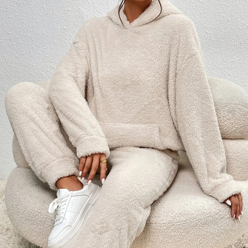 Autumn and winter new European and American casual women's clothing pure color plush hooded long-sleeved pantsuit