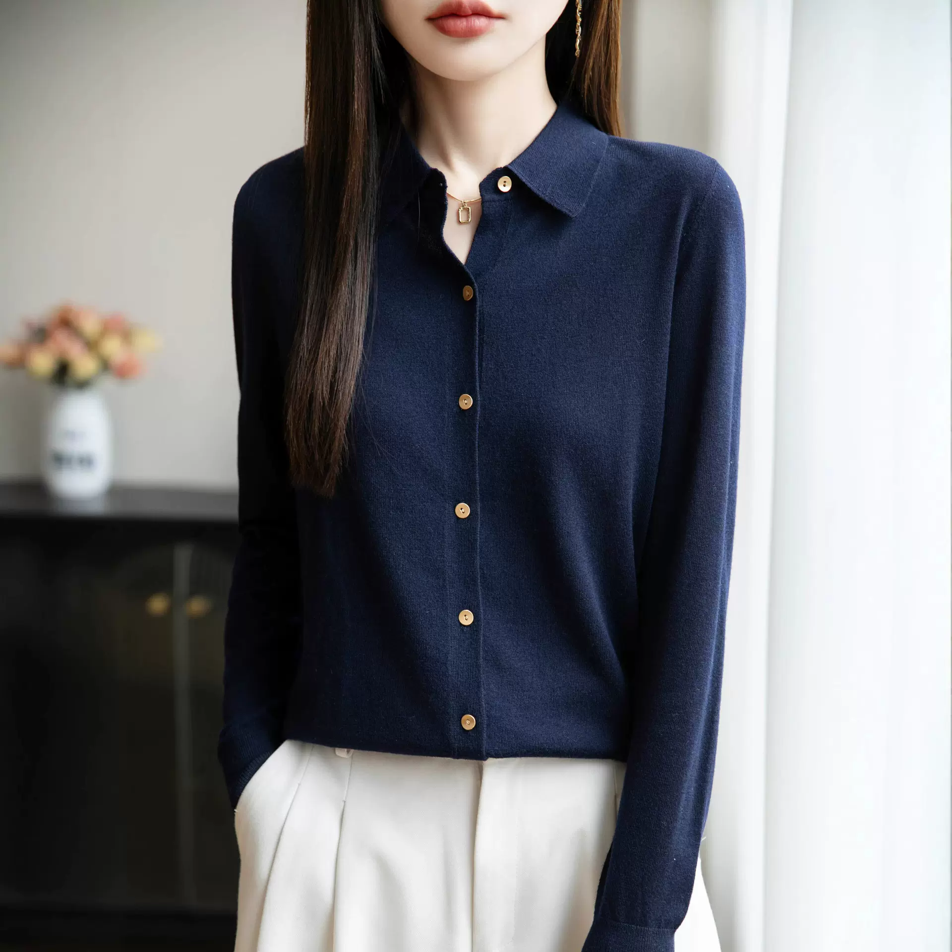 25年早秋新款精纺羊毛POLO领针织开衫长袖女纯色宽松百搭上衣外套