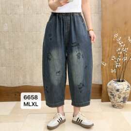 2026夏新品 复古刺绣牛仔哈伦裤女松紧腰宽松显瘦大码八分裤 6658