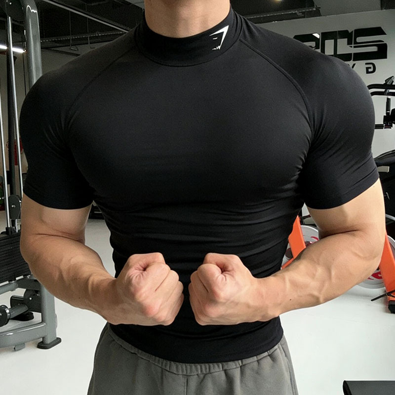 GYMSHARK Shark Men's T-Shirt High Collar Quick-Dry Breathable Elastic Sports Tight-Fitting Shirt for Coaches